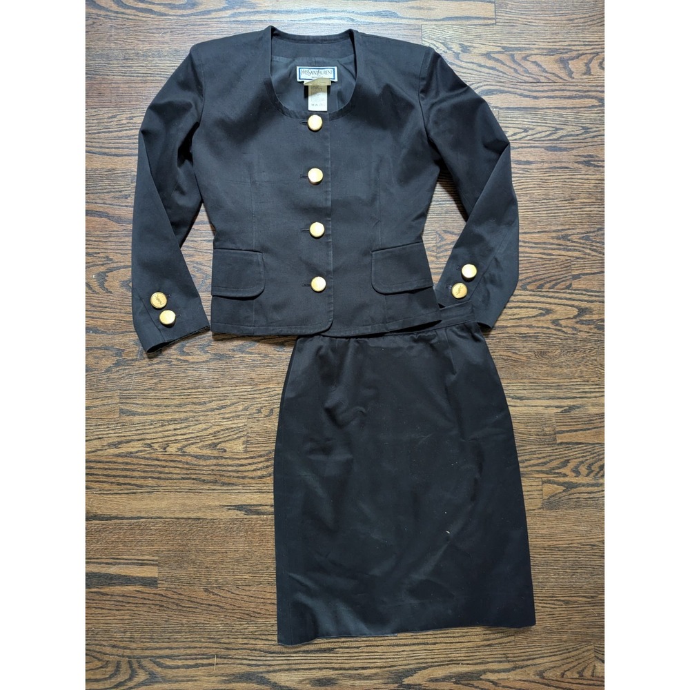 Vintage Yves Saint Laurent Skirt Suit Jacket Womens 4 Logo Gold Buttons Sz FR 38